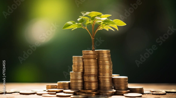 Fototapeta Tree growing on coins stack, sun flaire, bokeh background, AI