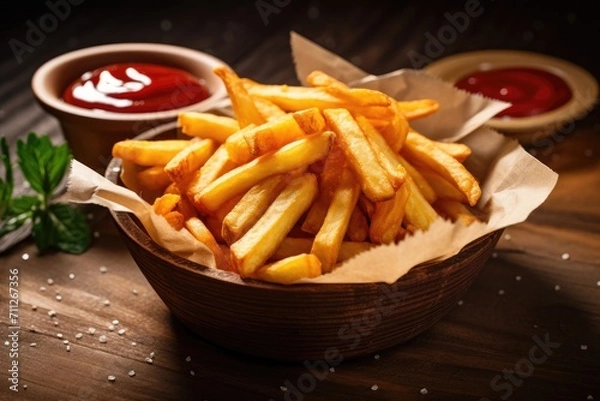 Fototapeta A mouthwatering basket full of hot and crispy French fries served alongside a side of tangy ketchup, Fried french fries in a bowl with paper and ketchup in a bowl, AI Generated