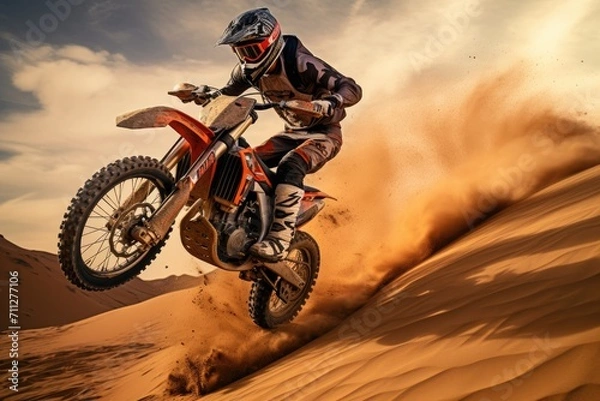 Fototapeta Witness the exhilaration of a person navigating a dirt bike through the vast and rugged desert landscape, Dirt bike jumping over a sand dune in a desert, AI Generated