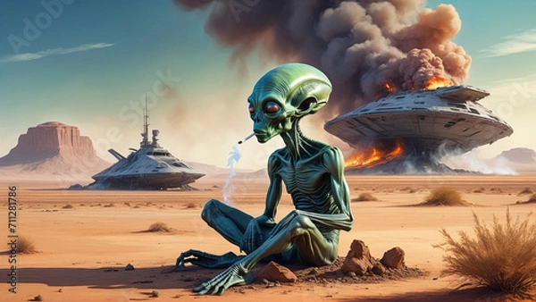 Obraz funny illustration of a sad alien smoking near to crashed alien space ship UFO on desert, generative AI