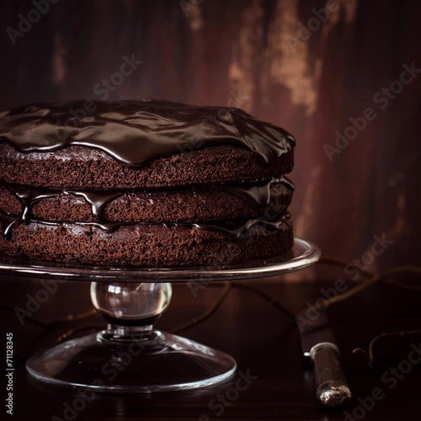 Fototapeta Delicious vegan chocolate cake. Selective focus.