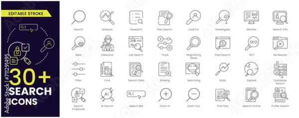 Obraz Search stroke line icon set. Containing magnifying glass, find, research, SEO and investigate icons. Stroke outline icon collection. Editable stroke.