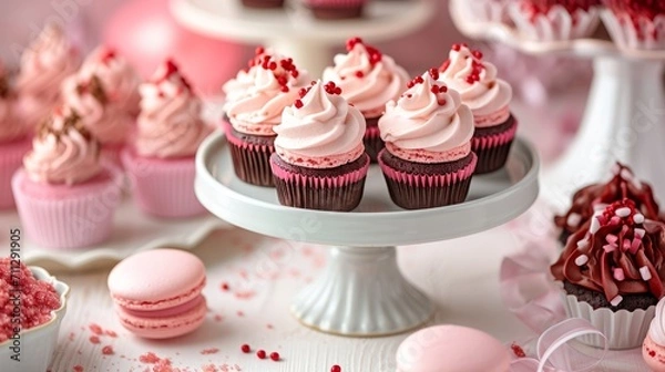 Fototapeta Sweet Celebrations: Pink Frosted Chocolate Cupcakes Adorned with Sprinkles, Elegant Dessert Display for Joyous Occasions