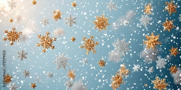 Fototapeta Golden snowflakes of the correct shape fall from the sky on a light blue background. Generative AI.