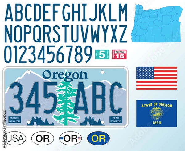 Fototapeta Oregon state car license plate pattern, letters, numbers and symbols, vector illustration, USA, United States odf America