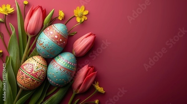 Fototapeta flat lay background of fancy colorful design easter egg greeting card, plain maroon background