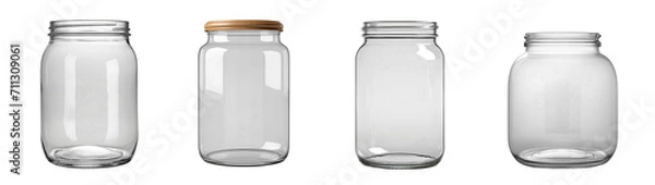 Obraz empty glass jar set, canning and preserving. With cover and without lid.  ,isolated on a transparent background, PNG, cutout, or clipping path.	
