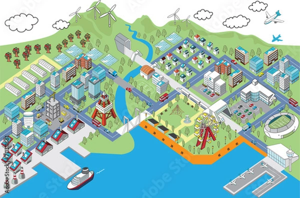 Obraz アイソメトリック・港町のジオラマイラスト港町（カラー）