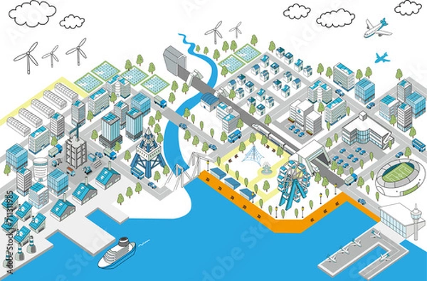 Obraz アイソメトリック・港町のジオラマイラスト港町（白背景）