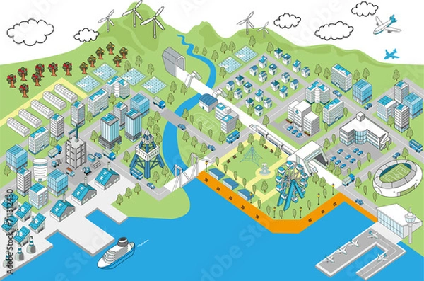 Obraz アイソメトリック・港町のジオラマイラスト港町（ブルー）