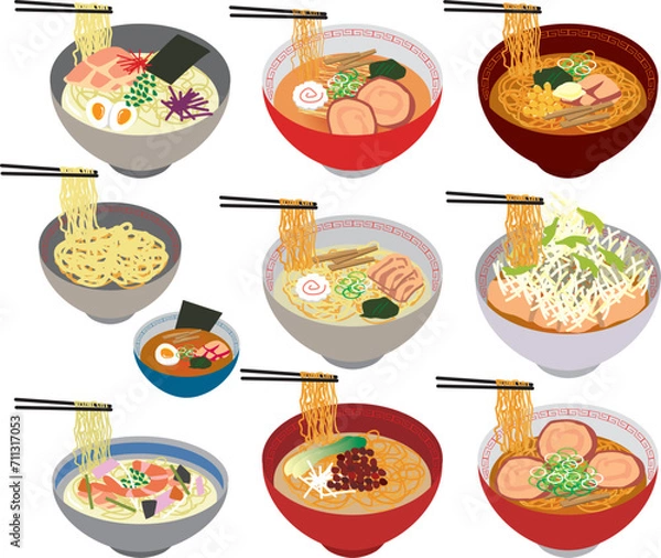 Fototapeta ラーメンの種類メニューイラストセット