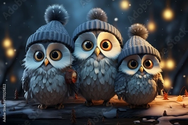 Fototapeta Cute Cartoon Christmas Owls with Santa Caps, on an isolated Midnight Blue background, Generative AI