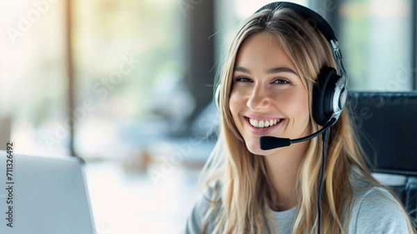 Obraz Smiling blonde girl with headphones and microphone on white background. Woman from the support service advises customers in call center.