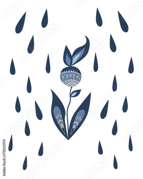 Fototapeta Simple abstract flower in the rain in blue colors for poster