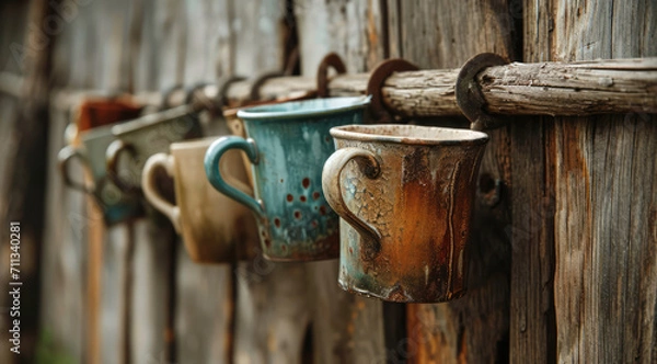 Fototapeta Rustic mugs lined up on an old wooden fence.