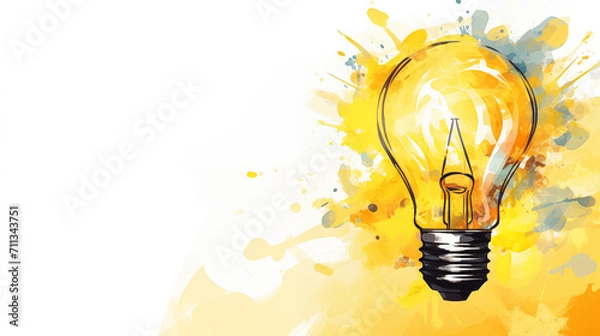 Obraz Colorful glowing idea light bulbs On a blue background painted with paint splashes, the concept of innovation and creativity