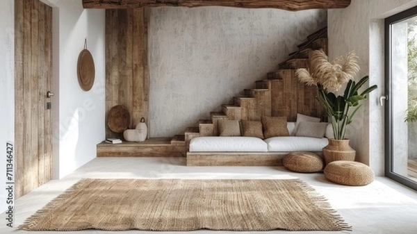 Obraz Nordic Beauty. Modern Entrance Hall with Grid Door, Staircase, and Rustic Wooden Accents