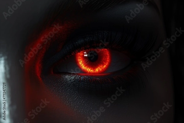 Fototapeta Woman's red eye in the dark. Piercing eyes. Burning demonic eyes. Copy space. Vampire. Fiery Mysterious Eye. Magic, secrecy, mysticism, visual effect. Hypnosis, power of sight. Emotion. Look. Close up