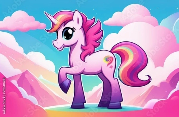 Obraz pink merry unicorn. pink unicorn on a background of rainbows and clouds	