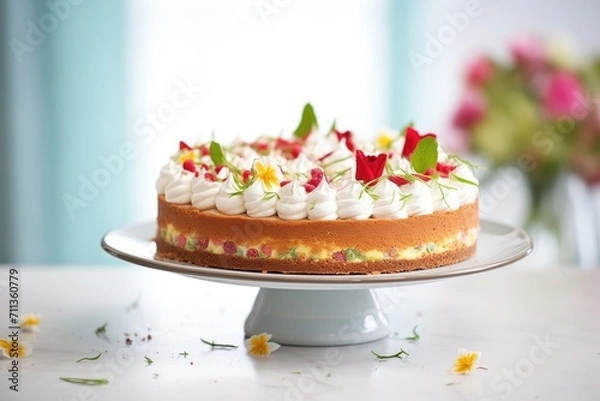 Fototapeta festive raspberry cheesecake decorated with whipped cream
