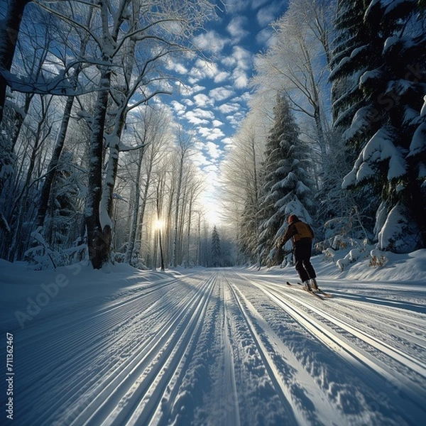 Obraz Cross country skiers racing on the ski competitions in a pine forest ski track
