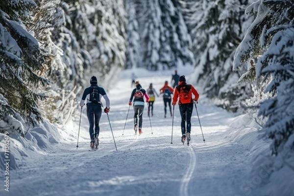 Obraz Cross country skiers racing on the ski competitions in a pine forest ski track