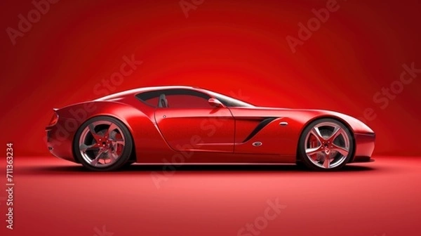 Fototapeta Side view of a modern luxury sports red car isolated on a red gradient background. Transport for your project
