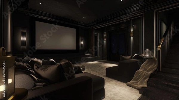 Fototapeta Interior Design Mock-up of a Home Theater: Luxurious with tiered seating, dark walls, and a large projector screen