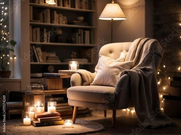Obraz a comfortable reading space with a cozy chair, a blanket, and a stack of books. Use soft lighting to create a relaxed ambiance. 