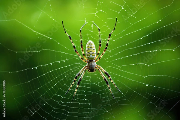 Fototapeta spider web with dew drops. Generative Ai