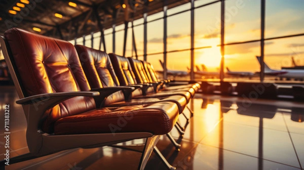 Fototapeta Empty chairs in the departure hall at airport with golden sunset rays. Travel, transportation concept. Generative AI