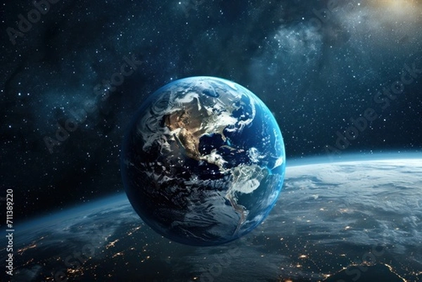 Fototapeta A captivating view of Earth from space, a blue globe surrounded by stars and cosmic wonders.