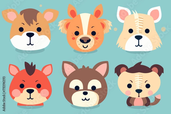 Fototapeta A set of cute cartoon animals. Vector flat images of animals for postcards, invitations, textiles, thermal printing, various types of printing.