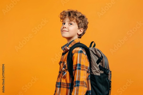 Obraz Schoolboy with backpack isolated on solid color studio background