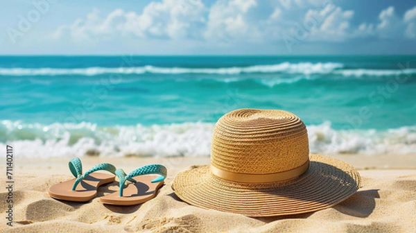 Fototapeta Straw hat, sunglasses and flip-flops on a tropical beach. Summer holiday and travel background