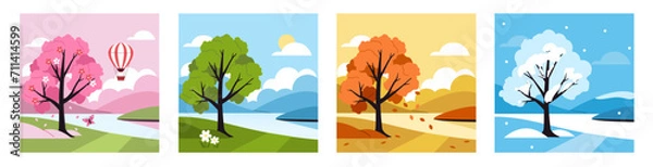 Obraz Four seasons set. Scene with tree in different times of year, spring, summer, autumn and winter. Vector illustration.