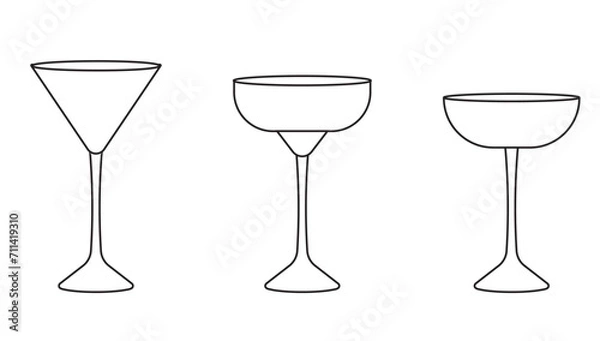 Fototapeta Set of various glasses for alcohol and non alcohol drinks in outline style on white background for icons, posters, patterns, webs, apps, wrapping