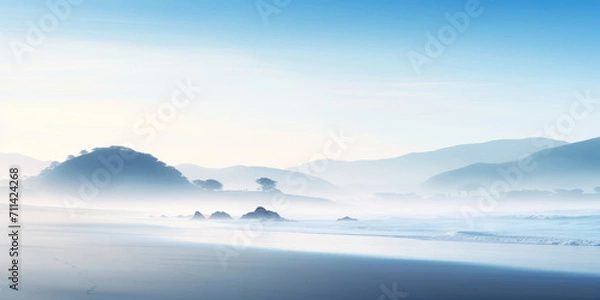 Fototapeta Serene ocean coastline with white mist. Tranquil landscape. Generative AI