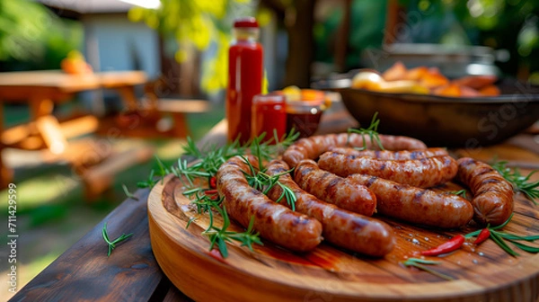 Fototapeta Grilled spicy sausages on summer barbecue setup.
