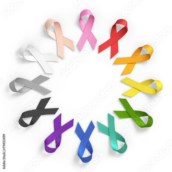 Fototapeta World Cancer Day colored ribbons for different types of cancer on a transparent background in 3D illustration