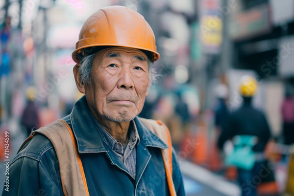 Fototapeta 工事現場で働いているシニア　老人　職人　ヘルメット