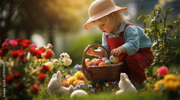 Fototapeta Little child looking for easter eggs in the garden, he is surrounded by little easter bunnies