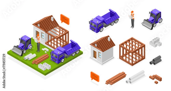 Obraz Construction illustration and icons in isometric view