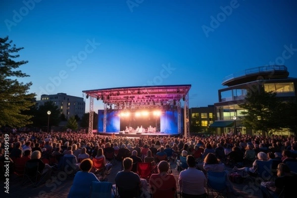 Obraz An open-air concert venue with attendees enjoying music under a twilight blue sky, Generative AI
