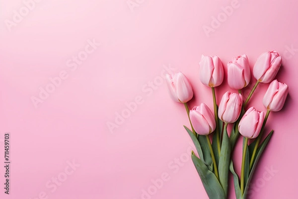 Fototapeta A bouquet of delicate pink tulips on a plain background.