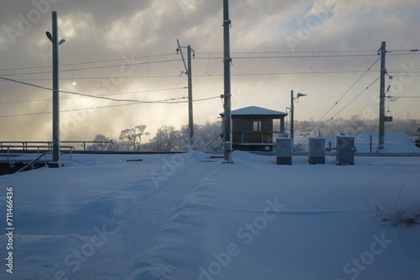 Fototapeta Railroad crossing in the winter