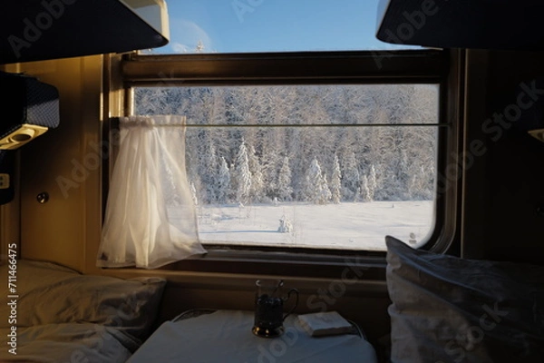 Fototapeta Train window amd winter panoramic views