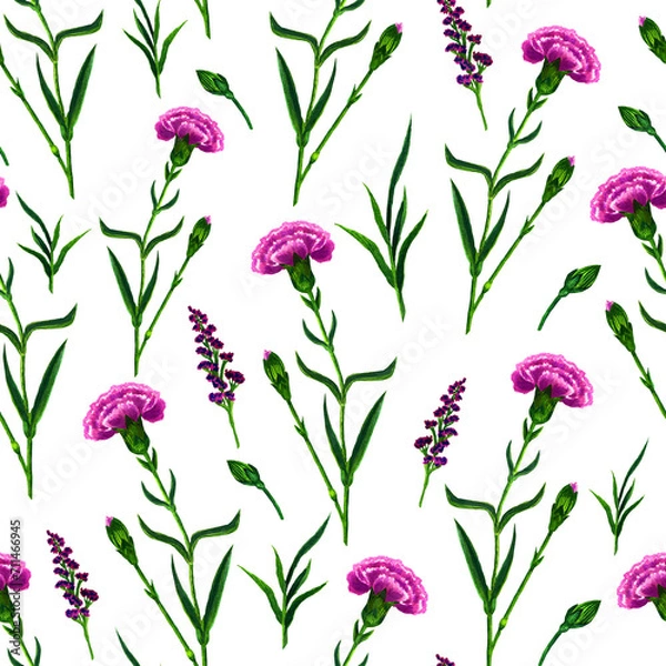 Obraz Seamless pattern of carnations and herbs watercolor on a white background.
