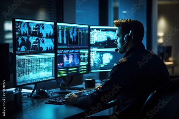 Fototapeta Male agent of secret service in headphones watching records of crime while sitting in front of multi screens at office.