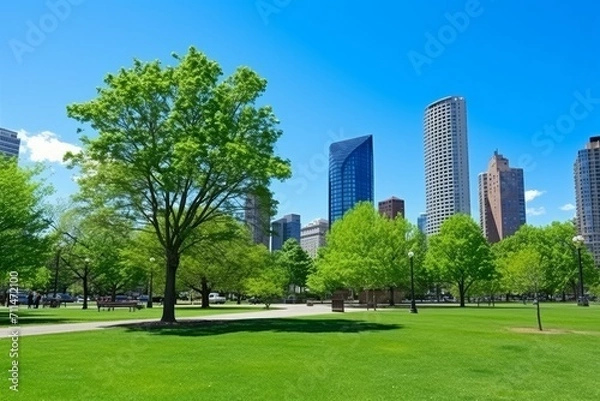 Obraz A modern city park with skyscrapers peeking above trees under a sunny blue sky, Generative AI